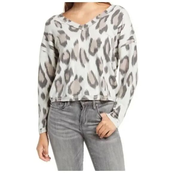 Socialite Tops - Socialite V Neck Long Sleeve Top Womens Multi Leopard Print Soft SZ L -#1687